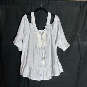 DR2 - XL Cold Shoulder Blouse, Blue and White Stripes.